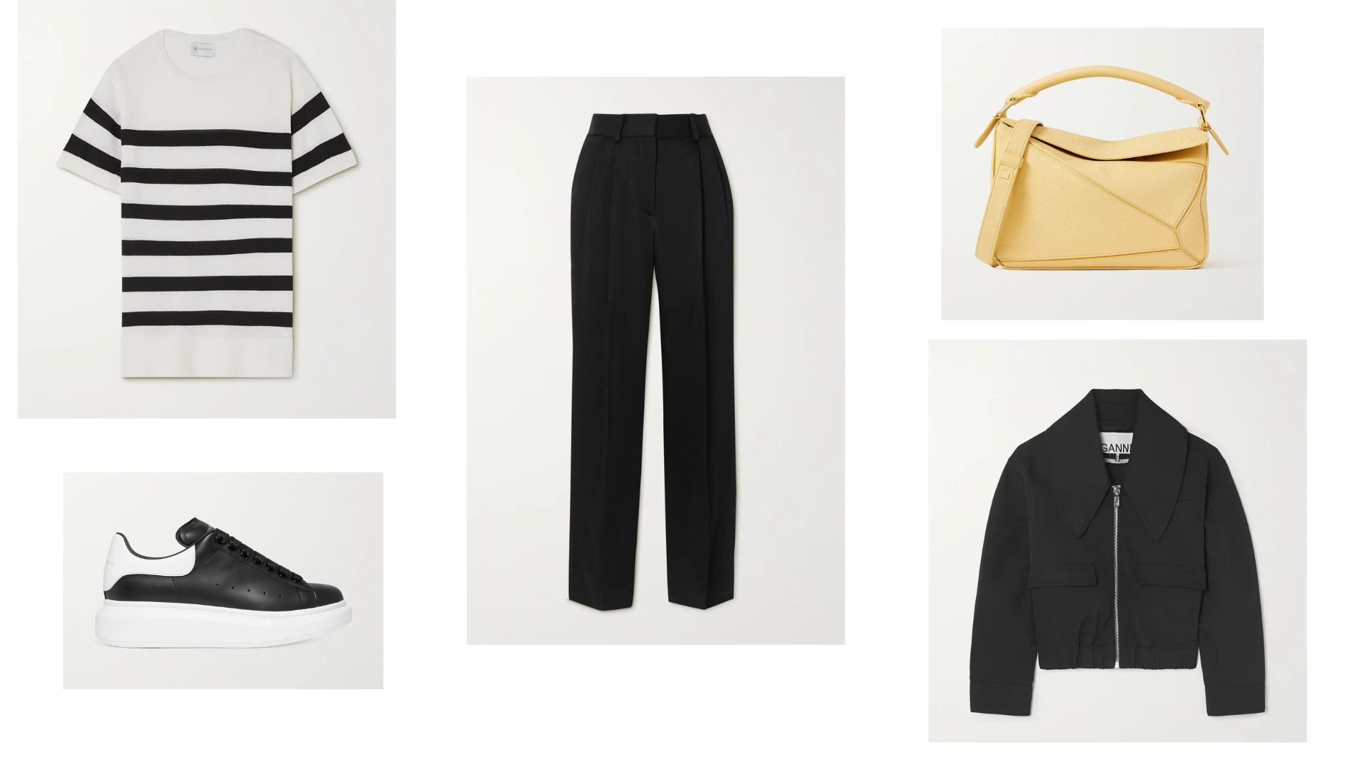 pantaloni negri combinati cu camasa bomber in dungi si geanta galbena