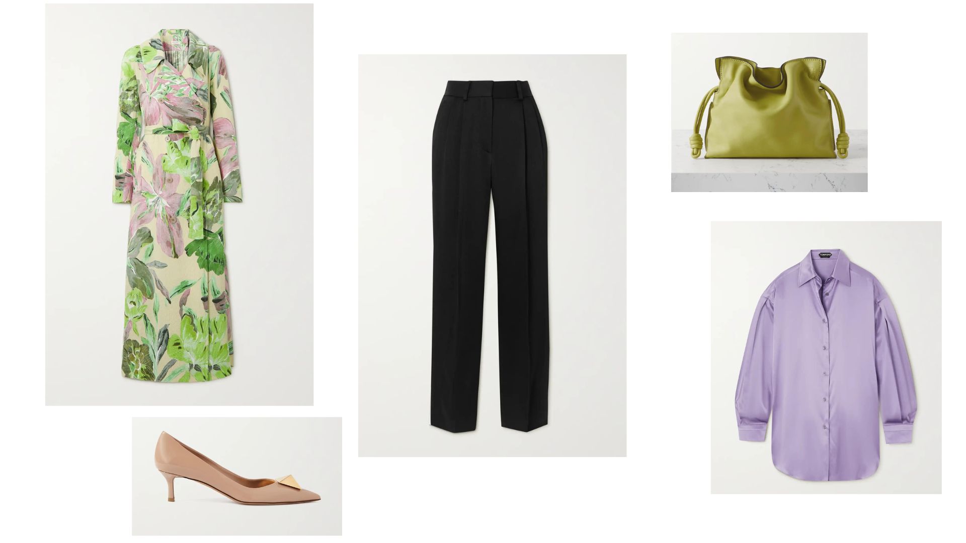 pantaloni negri combinati cu haina de praf multicolora, camasa glicine si geanta verde deschis