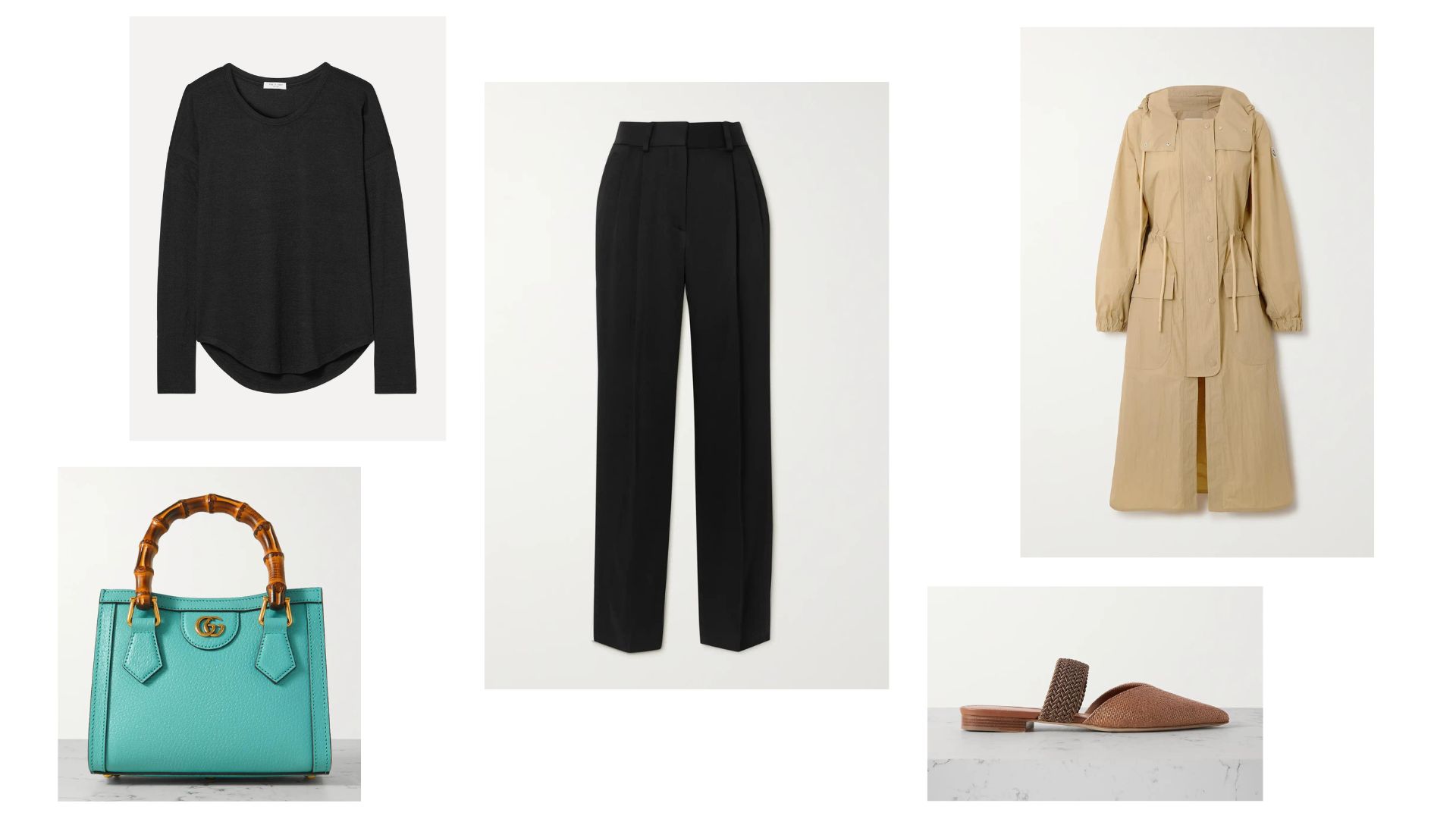 pantaloni negri combinati cu geanta turcoaz, catar de franghie, trenci si tricou negru